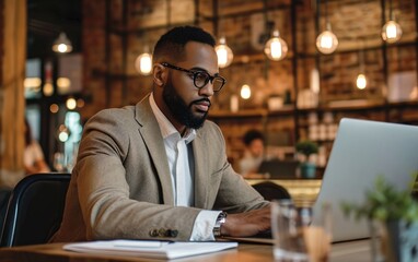 Wall Mural - Trendy style businessman working at a laptop