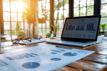 Wall Mural - Analytics documents with chart data on desk with laptop