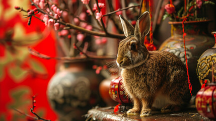 Graceful Rabbit Amidst Floral Decor: Chinese New Year Celebration