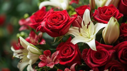 Wall Mural - Bouquets of red roses, delicate lilies, and aromatic petals