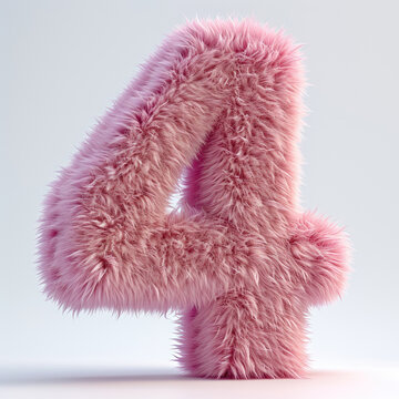A pink fuzzy number four on a white surface