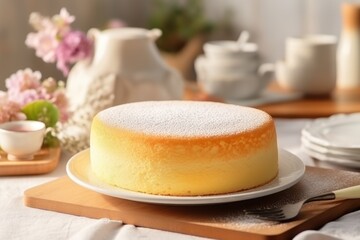 Wall Mural - Delicious homemade sponge cake on white plate with ingredients.