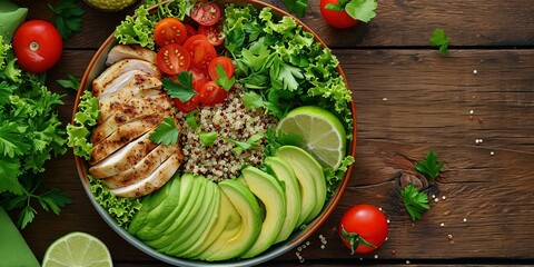 Wall Mural - Balanced healthy lunch , chicken , fish , cereals , avocado ,grilled, a combination of vegetables  background , wallpaper