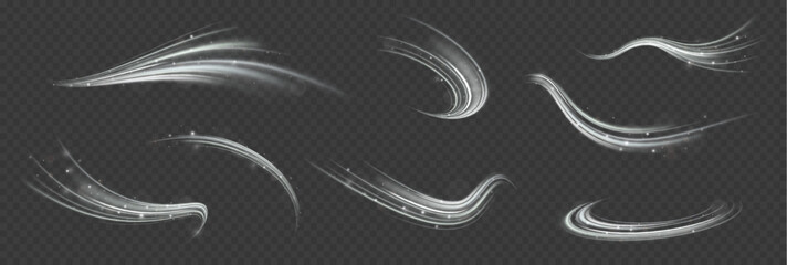 Wall Mural - White shiny sparks of spiral wave. Imitation of the exit of cold air from the air conditioner. Vector illustration stream of fresh wind.