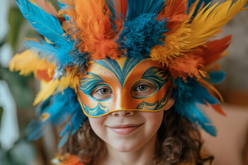 A girl with a mask and peach and blue -colored feathers surrounding her head, welcoming the indoor carnival festivities.