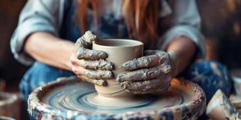 Dirty hands of young woman working on a pottery wheel sculpting mug with ceramic clay