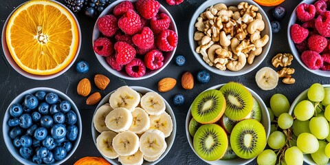 Wall Mural - Healthy ingredients for salad , fruits and nuts , healthy lifestyle , background