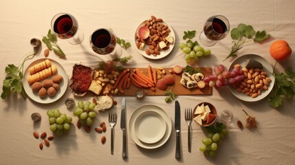 Poster - A table topped with plates of food and glasses of wine