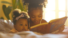 Young Black Girl Reading Story Book To Her Baby Sister