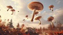Illustration Of The Mushrooms On The Background Of A Forest In Autumn, A Beautiful Background. 3 D Render. Illustration