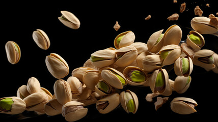 Wall Mural - falling pistachio seeds in the bowl on a black background.