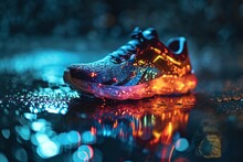 Holographic Projection Of A Sports Sneaker With Neon Lighting On Navy Blue Background. Flickering Flux Of Particle Energy. Scientific Design And Engineering Of Sports Shoes.