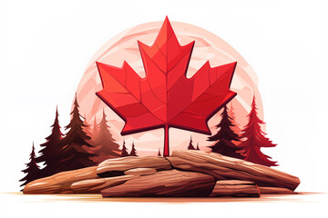 canadian maple leaf against pine trees silhouette. flat vector style illustration logo. generative a
