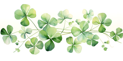 Watercolor green lucky shamrock leaves on white background, Saint Patrick Day background