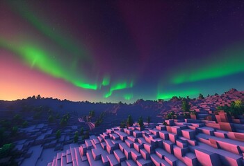 Sticker - an aurora bored aurora over a mountain in minecraft, with the stars in the