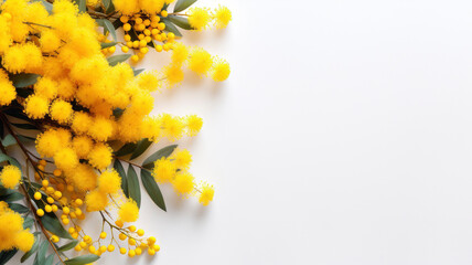 Wall Mural - Composition of yellow mimosas on a white background for copy design