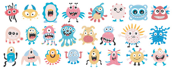 Aufkleber - Cute monsters mega set in flat design. Bundle elements of colourful funny creatures with teeth, eyes and faces expressing playful and joyful emotions. Vector illustration isolated graphic objects