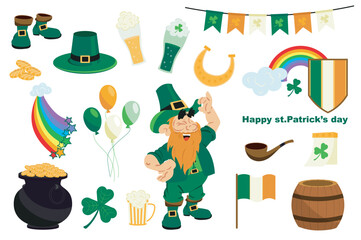 Poster - Patrick day mega set in flat design. Bundle elements of green clover, boots, hat, rainbow, gold coins cauldron, leprechaun, beer mugs, garlands, other. Vector illustration isolated graphic objects