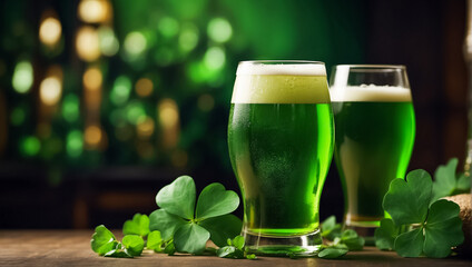 Glasses with  cold green beer, clover leaves background