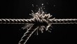 A high-resolution moment captures the dramatic burst of a frayed rope as it reaches its breaking point against a stark black background