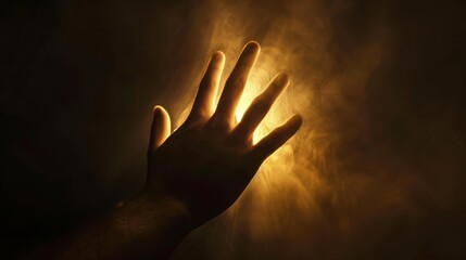 Wall Mural - A conceptual photograph of a hand reaching out from the darkness towards a glowing light, symbolizing hope and uncertainty. The minimalistic composition and contrast of warm and cool tones.  