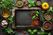 herbs, olive oil, spices around cast-iron square frying pan in center of frame, power background with free space for text