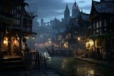 A medieval town with a pirate tavern, shops, and a fantasy atmosphere. Generative AI