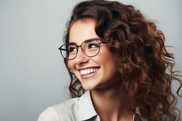 Wall Mural - Portrait of young woman in eyeglasses on white background