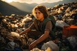 Boy committed recycles items mountains, eco-friendly effort., generative IA