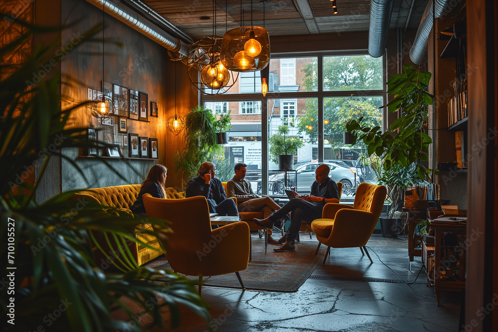 Four coworkers are having a project discussion in a modern cafe with ...