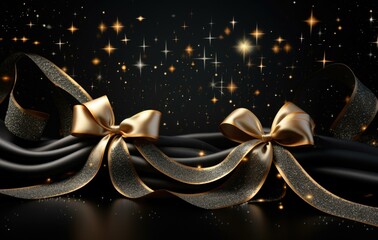 Canvas Print - Golden ribbon and bow on black background with stars. Generative AI.