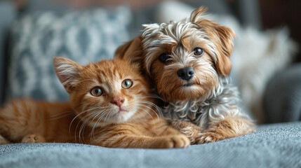  A cute picture of a friendly cat and dog