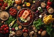 Balanced healthy food background Selection of various mediterranean diet products for healthy nutrition top view