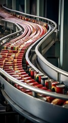 Canned food factory, cans with their contents move on a conveyor belt for labeling and marking