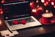 Valentines background with two red hearts coffee cup and laptop Valentines Day greeting card Long distance relationship