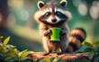 Illustration of a raccoon holding a recyclable cup