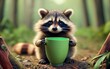 Illustration of a raccoon holding a recyclable cup