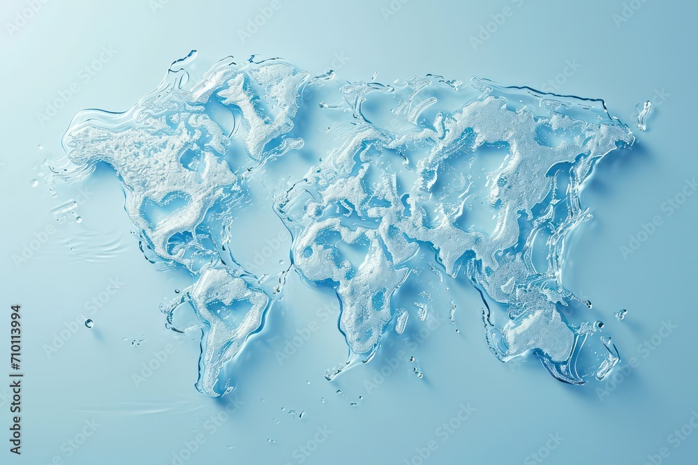 World map made of water on blue background. World water day, saving ...