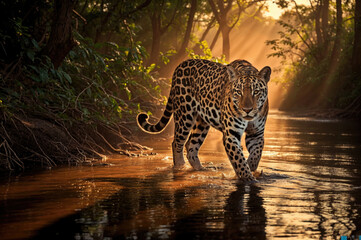powerful jaguar in the jungle walking through a river at sunset, with rays of light shining through 