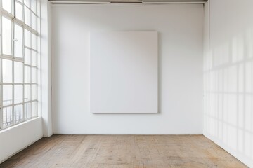 empty white room with blank canvas poster mockup on the white wall