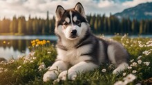 Siberian Husky Puppy An Endearing Scene Of A Malamute Puppy And Adult Resting Together In A Field Of Blooming Alpine Flow 