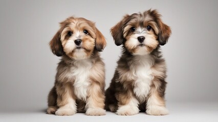 two dogs sitting Beautiful happy reddish havanese puppy dog is sitting frontal and looking at camera, isolated on white 