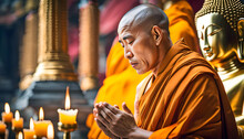 Buddhist Monk Praying At A Religious Ceremony In Buddhist Style, Buddhist Holidays,