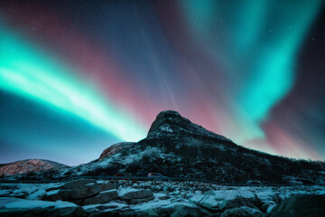 Wall Mural - northern lights and snowy mountains at night in lofoten, norway. aurora borealis above the snow cove