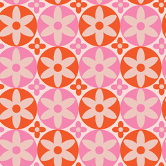 Wall Mural - Retro Flowers on Mid century modern pink and orange circles seamless pattern. For home décor, textile and wallpaper