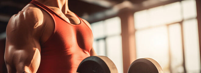 A man works out in the gym, close-up of a dumbbell and muscles. Banner.