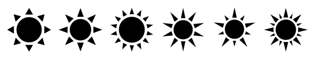 Wall Mural - Sun vector set of six in black color on white background. Sun simple icons collection. Set of sun icon in silhouette design. Vector illustration