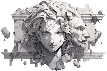 Stone ancient Greek broken statue of Medusa Gargona. Made from smooth stone. Illustration