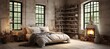 Cozy loft bedroom with stylish bed, pillow, coverlet, fireplace, and brick wall ambiance.