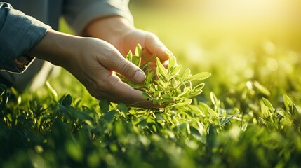 Close up of a man s hands gently plucking fresh tea leaves on a sunny summer day in a vibrant field